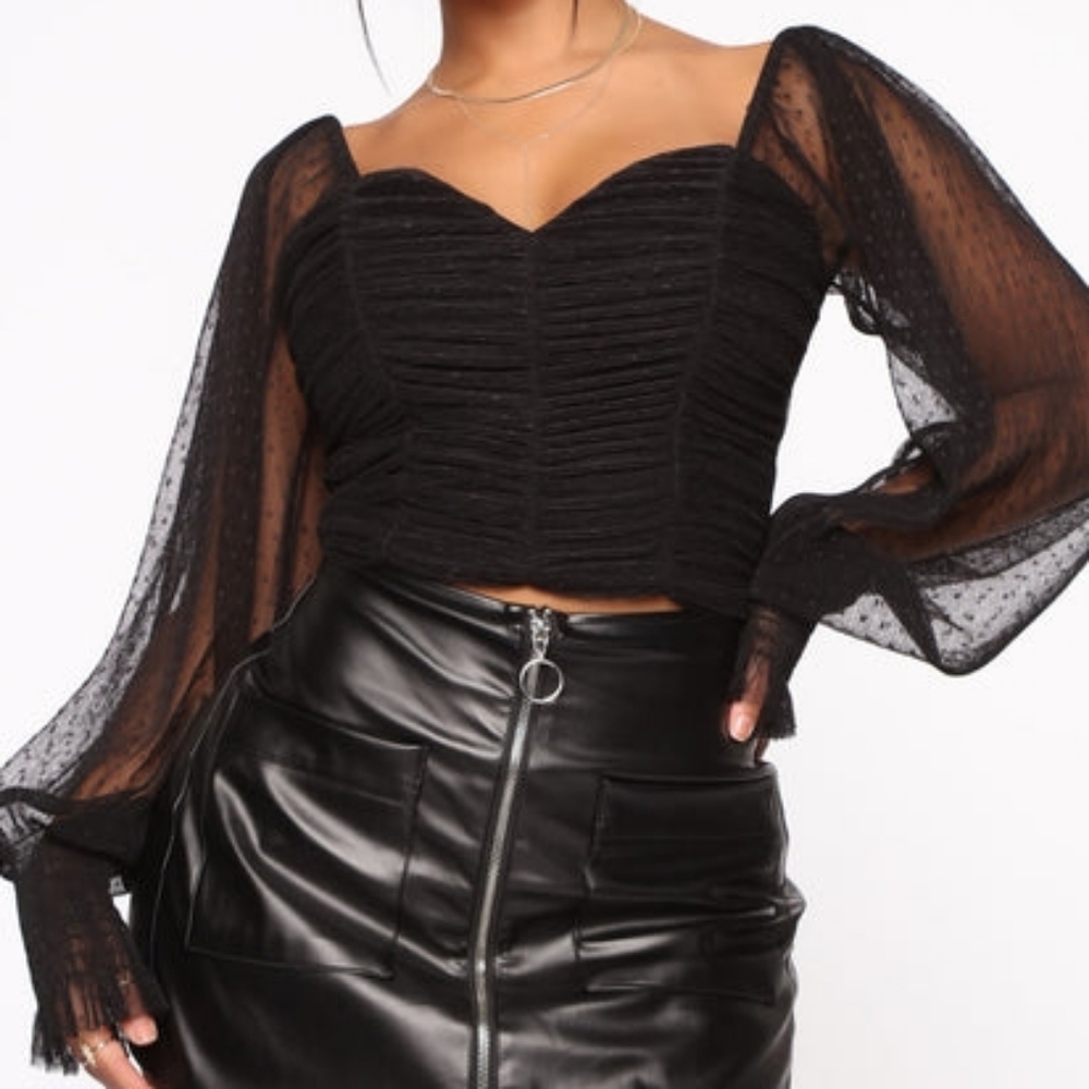 Nova Black Ruched Mesh Top - XL - Edgy Romantic Night Out Blouse - Picture 4 of 5